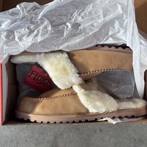 Flojos Lynx‎ Tan Suede Sheepskin Lined Slippers Mules Size Men Sz 9 Women 10